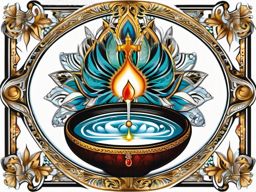 Holy water font design: Source of purification and blessing in Catholicism.  color tattoo style, white background