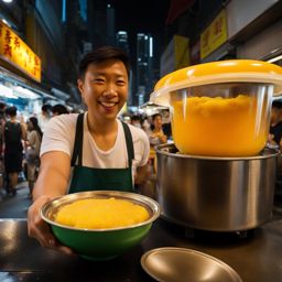 mango sago, a hong kong dessert, savored at a bustling street food market in mong kok. 