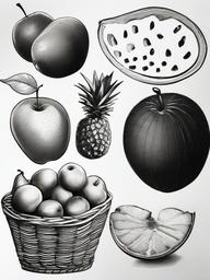 drawing of a fruit basket  minimal rough sketch scribbles,doodles,black and white