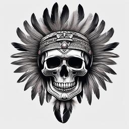 Aztec Skull With Feathers Tattoo  minimal,tattoo,white background