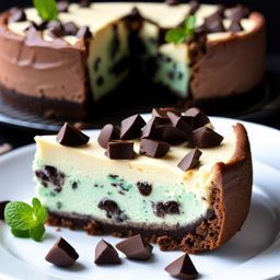 a slice of decadent mint chocolate chip cheesecake, with chocolate chunks and a minty twist. 