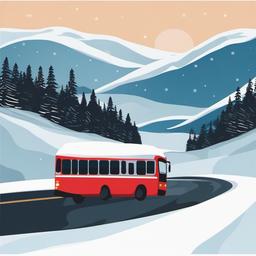 Bus clipart - bus on a snowy winter road  color,minimalist,vector clipart