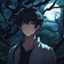 Mysterious anime boy in a moonlit forest. , aesthetic anime, portrait, centered, head and hair visible, pfp