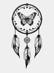 dream catcher tattoo with butterfly  simple color tattoo, minimal, white background