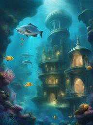 ethereal underwater city inhabited by merfolk and sea creatures. 