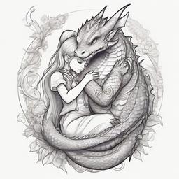 magical and adorable dragon hugging a cute elf girl  ,tattoo design, white background