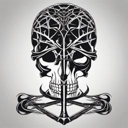 Bones intertwine, forming a skeletal mark in the death tattoo.  black and white tattoo style