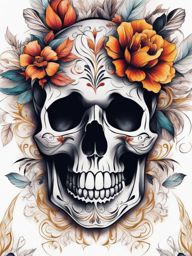 Skull floral tattoo, Artistic tattoos that combine skull motifs with floral elements.  vivid colors, white background, tattoo design