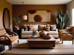 Southwestern living room combines earth-toned furniture, woven textiles, and desert-inspired decor, creating a warm and inviting environment.  