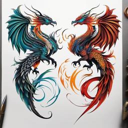 Dragon Phoenix Tattoo - Tattoos featuring both dragons and phoenix birds, symbolizing rebirth.  simple color tattoo,minimalist,white background