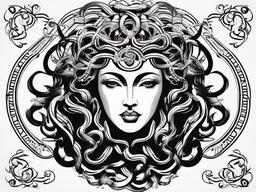 Medusa Inspired Tattoo - Draw inspiration from various sources and create a tattoo that reflects your unique interpretation of the mythical charm of Medusa.  simple vector color tattoo,minimal,white background