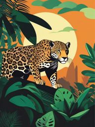 Jaguar Clip Art - Powerful jaguar lurking in the jungle,  color vector clipart, minimal style