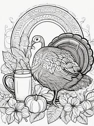 Turkey with a Hot Cider Coloring Pages - Cozy Turkey Enjoying a Fall Beverage  minimal black outline printable sheet, coloring page