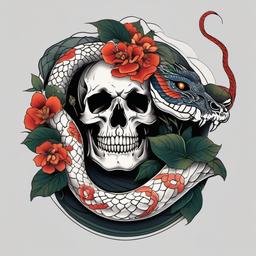 japanese skull and snake tattoo  simple color tattoo,white background,minimal