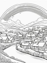 Rainbow Coloring Page - Rainbow stretching over a cozy village.  easy,simple,minimal,coloring pages,black and white outline