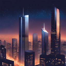 building clipart - a towering skyscraper, standing tall amidst a modern cityscape, bathed in city lights 