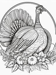 Turkey with Cornucopia Coloring Pages - Festive Scene with Turkey and Harvest  minimal black outline printable sheet, coloring page