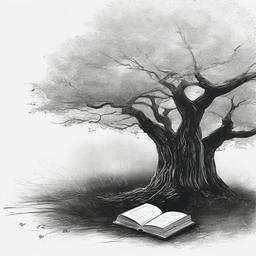 drawing of a book under a tree  minimal rough sketch scribbles,doodles,black and white