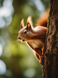 red squirrel kit darting through the treetops in a bustling forest 8k ultrarealistic cinematic 