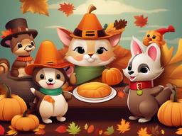 Thanksgiving Wallpaper-A playful Thanksgiving design, featuring cute animal characters dressed in Thanksgiving costumes.  aesthetic background wallpaper