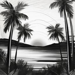 drawing of a sunset with palm trees  minimal rough sketch scribbles,doodles,black and white