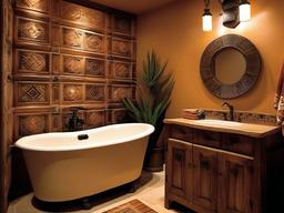 Southwestern small bathroom combines earthy colors, decorative tiles, and rustic fixtures for a warm and inviting atmosphere.  