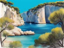 untouched calanques of cassis - sketch the untouched beauty of the calanques of cassis, featuring limestone cliffs, turquoise inlets, and coastal flora. 