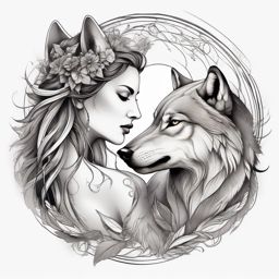 Wolf and Woman Tattoo,poetic dance of a woman and a wolf in ink, fusion of elegance and untamed spirit. , tattoo design, white clean background