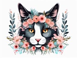 Cat paw with floral wreath ink: Blooms of elegance surrounding feline prints.  color tattoo style, white background