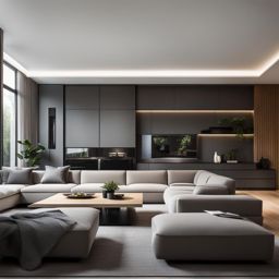 modern living room with sleek lines and minimalist furniture. 