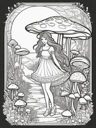 Fairy with Glowing Mushrooms Coloring Pages - Fairy Walking Among Luminescent Mushrooms  minimal black outline printable sheet, coloring page