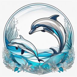 Crystal Clear Waters - Dolphins in crystal-clear waters, portraying purity and transparency.  outline color tattoo,minimal,white background