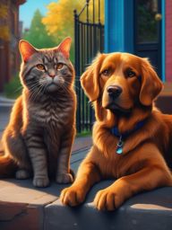 Talking cat and dog team up to solve mysteries in their neighborhood. hyperrealistic, intricately detailed, color depth,splash art, concept art, mid shot, sharp focus, dramatic, 2/3 face angle, side light, colorful background