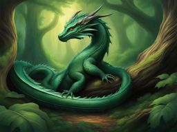 forest dragon coiled around the ancient roots of an enchanted tree, its emerald-green scales merging with the foliage. 