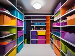 The storage room showcases cosmic chic interior design with organized bins, colorful decor, and creative storage solutions that maximize efficiency and fun in the space.  