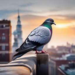 Pigeon Tattoo - Pigeon perched on the edge of a city rooftop  color tattoo design, clean white background