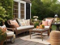 Cottage patio features cozy furnishings, vintage decor, and warm colors that create a charming and inviting atmosphere for outdoor gatherings.  