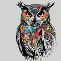 drawing of an owl with vibrant colors  minimal rough sketch scribbles,doodles,black and white