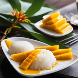 mango sticky rice, a thai delicacy, savored by the tranquil banks of the chao phraya river. 