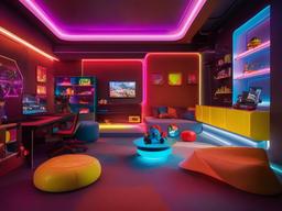 The playroom embodies cyberpunk interior design with bright colors, high-tech toys, and creative storage solutions, providing a dynamic space for children's activities.  