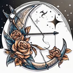 Bow and arrow under a crescent moon tattoo. Nocturnal archery charm.  color tattoo design, white background