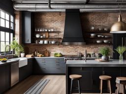 industrial loft kitchen with exposed brick walls and concrete countertops. 