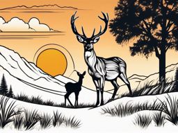 Sunset Grazing Scene - Capture the warmth of a golden sunset as a deer grazes peacefully in a scenic tattoo.  outline color tattoo,minimal,white background