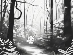 drawing of a Pokémon in a forest  minimal rough sketch scribbles,doodles,black and white