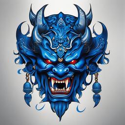 Blue Oni Mask Tattoo - Features the Oni mask in a striking blue color, adding a unique twist to traditional designs.  simple color tattoo,white background,minimal