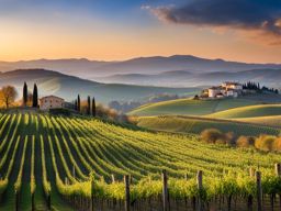 enchanted irpinia countryside - create an artwork that captures the enchanting beauty of irpinia's countryside, with vineyards and rolling hills. 