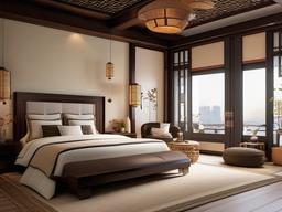 Asian Fusion bedroom blends comfortable bedding with decorative elements inspired by various Asian cultures for a tranquil and stylish retreat.  