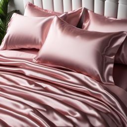 Satin pillowcases and bedding top view, product photoshoot realistic background, hyper detail, high resolution