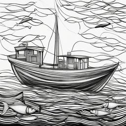 drawing of a boat with fish  minimal rough sketch scribbles,doodles,black and white