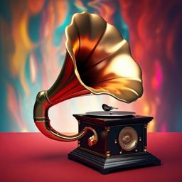 Gramophone - A vintage gramophone with a large horn speaker hyperrealistic, intricately detailed, color depth,splash art, concept art, mid shot, sharp focus, dramatic, 2/3 face angle, side light, colorful background